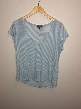 7 For All Mankind Light Blue & White Striped V-Neck Tee